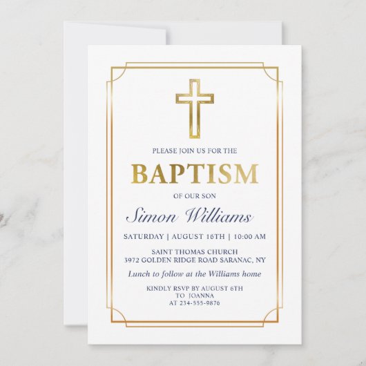 Moderne Gold Frame Glitzer Navy Blue Taufe Einladung (Vorderseite)