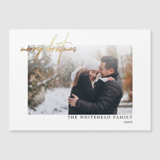 Moderne Gold Frohe Weihnachten weiße Magnetkarte (Vorderseite)