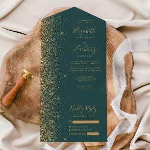 Moderne Gold-Glitter-Dunkelgrüne Hochzeit All In One Einladung