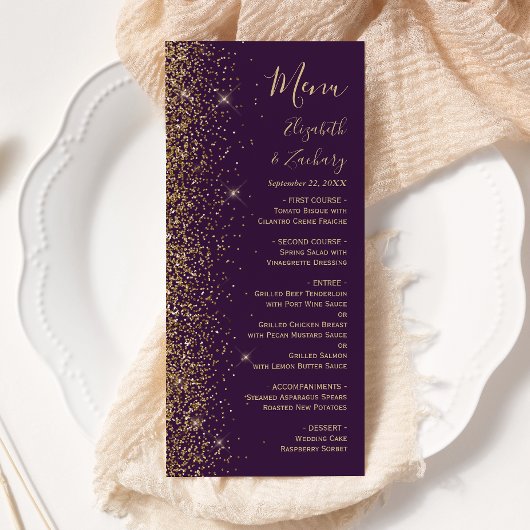 Moderne Gold Glitzer Dunkle Lila Hochzeit Menükarte
