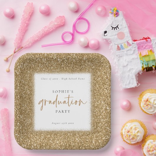 Moderne Gold Glitzer Name Graduation Party White Pappteller (Party)