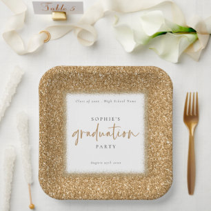 Moderne Gold Glitzer Name Graduation Party White Pappteller