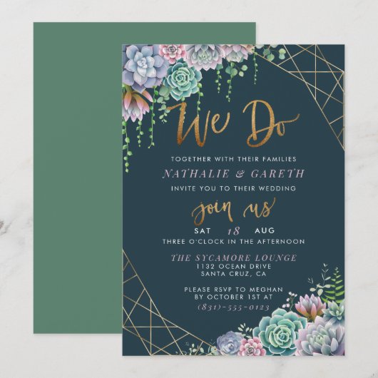 Moderne Gold Glitzer Script & Succulents Wedding Einladung (Vorne/Hinten)