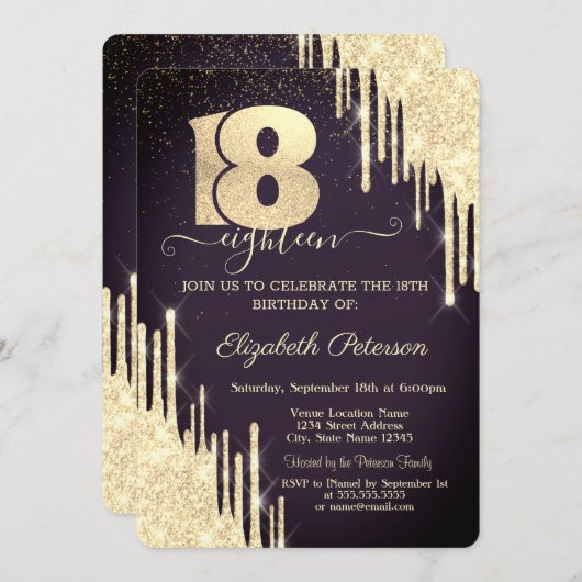 Moderne Gold Glitzer Tropfen 18. Burgund Geburtsta Einladung (Vorne/Hinten)