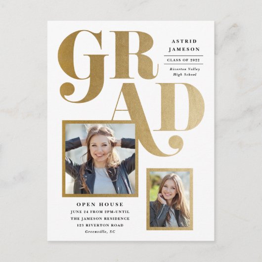 Moderne Gold Grad 2 Foto Graduation Party Postkarte (Vorderseite)