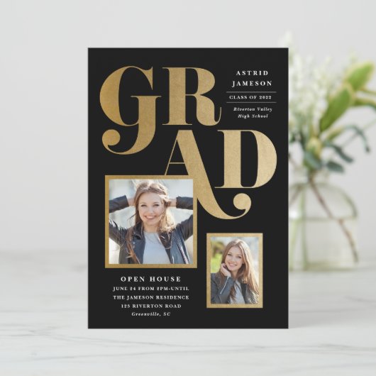 Moderne Gold Grad Foto Graduation Party Einladung (Stehend Vorderseite)