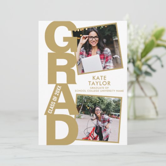 Moderne Gold Graduation Party 3 Foto Einladung (Stehend Vorderseite)