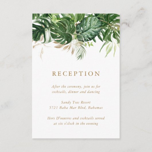 Moderne Gold Greenery Tropical Wedding Reception Begleitkarte (Vorderseite)