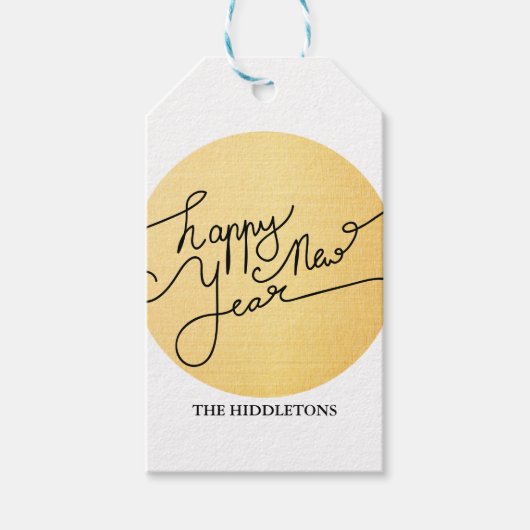 Moderne Gold Happy New Year Typografie Geschenkanhänger (Vorderseite)