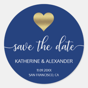 Moderne Gold Heart Navy Blue Wedding SPAREN DAS DA Runder Aufkleber