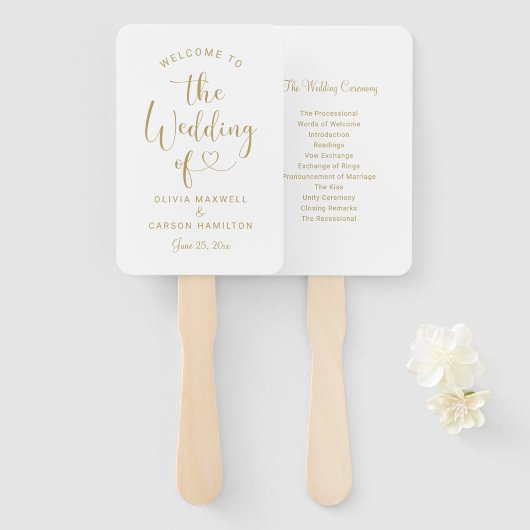 Moderne Gold Heart Script Hochzeit Begrüßung Fächer (Vorne und Hinten)