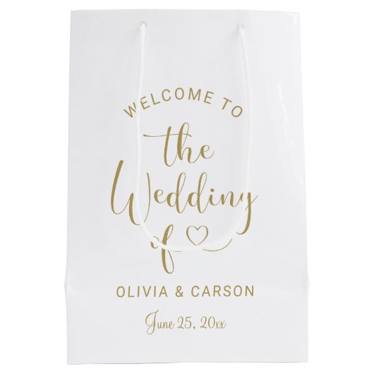 Moderne Gold Heart Script Wedding Willkommen Mittlere Geschenktüte (Rückseite)