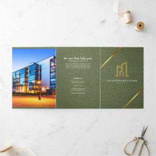 Moderne Gold House Immobilienmakler Olive Green Dreifach Gefaltete Karte