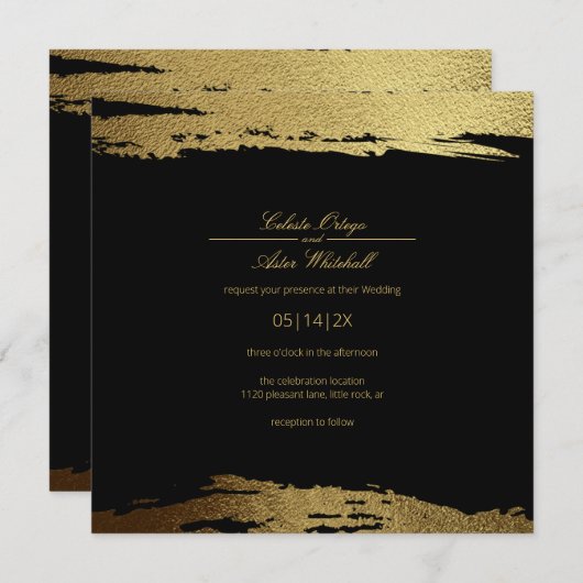 Moderne Gold Imitate Foil Paint Stroke Black Weddi Einladung (Vorne/Hinten)
