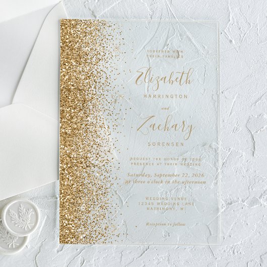 Moderne Gold Imitats Glitzer Edge Wedding Acryleinladungen