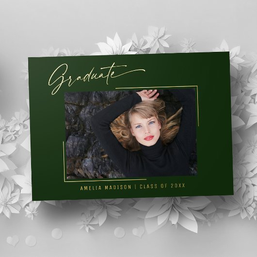 Moderne Gold Ink Script Emerald Foto Grad Card Folieneinladung
