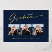 Moderne Gold Ink Script Navy Blue Grad Foto Card Folieneinladung (Vorderseite)