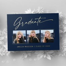 Moderne Gold Ink Script Navy Blue Grad Foto Card