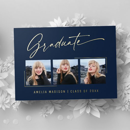 Moderne Gold Ink Script Navy Blue Grad Foto Card Folieneinladung