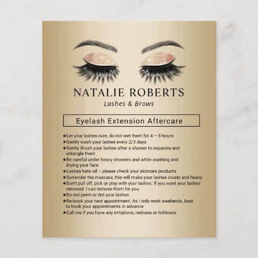 Moderne Gold Lash Erweiterungen Aftercare Instruct Flyer (Vorne)