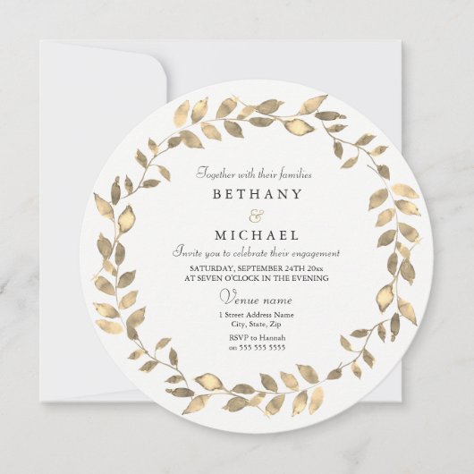 Moderne Gold Leaf Wreath Engagement Party einladen Einladung (Vorderseite)