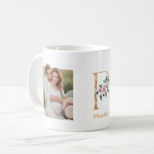 Moderne Gold Letter P-Blume | Monogramm für zwei F Kaffeetasse (Vorderseite Links)