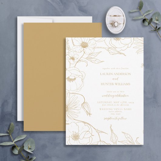 Moderne Gold Line Art Floral Wedding Einladung