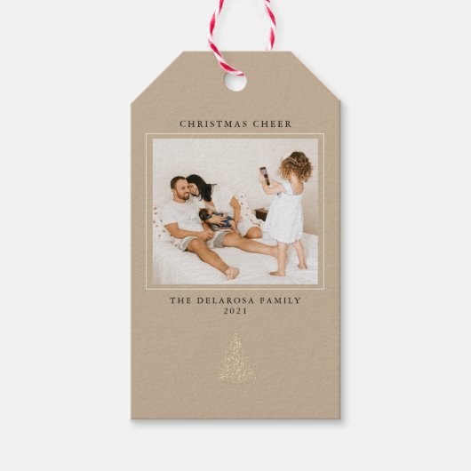 Moderne Gold-Lit Tree Foto Weihnachtsmann Kraft Geschenkanhänger (Vorderseite)