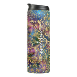 Moderne Gold-Mandala Blaue Violette Nebel Benutzer Thermosbecher