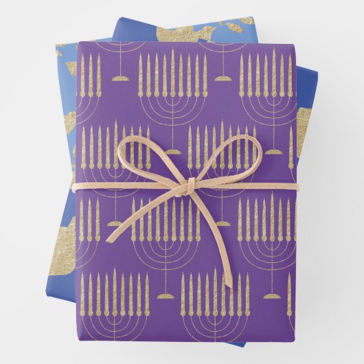 Moderne Gold Menorah Dreidel Olive Branch Dove Geschenkpapier Set (Beispiel)