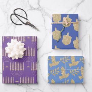 Moderne Gold Menorah Dreidel Olive Branch Dove Geschenkpapier Set