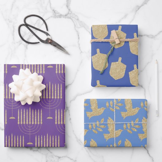 Moderne Gold Menorah Dreidel Olive Branch Dove Geschenkpapier Set (Vorderseite)