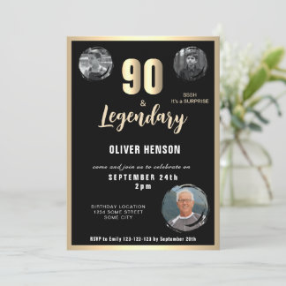 Moderne Gold Metallic Überraschung 90. Geburtstag Einladung