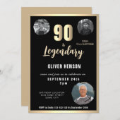 Moderne Gold Metallic Überraschung 90. Geburtstag Einladung (Vorne/Hinten)