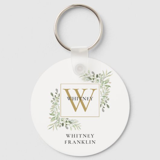 Moderne Gold Monogram Elegant Greenery Schlüsselanhänger (Vorderseite)