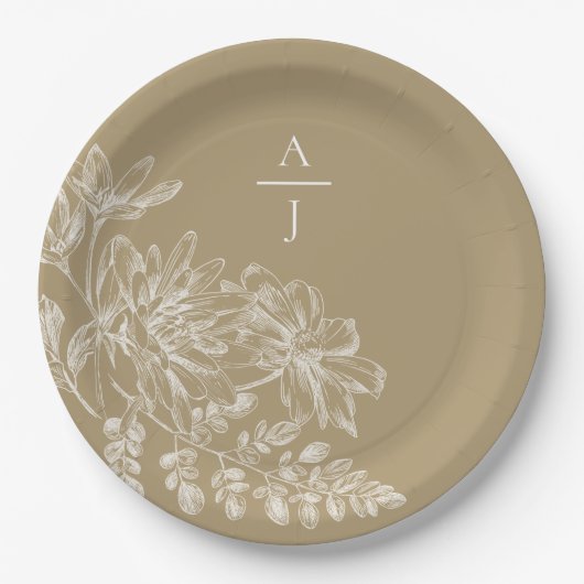Moderne Gold Monogram Floral Paper Plate Pappteller (Vorderseite)