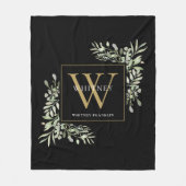 Moderne Gold Monogram Greenery Floral Black Fleecedecke (Vorderseite)