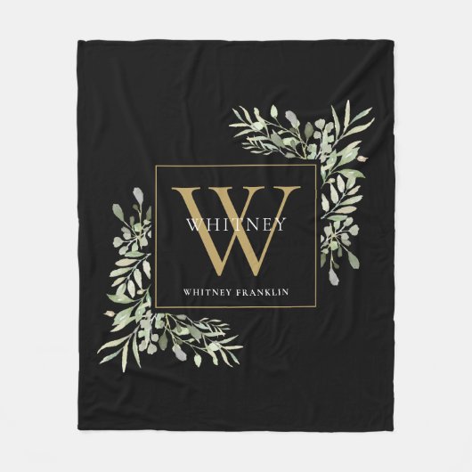 Moderne Gold Monogram Greenery Floral Black Fleecedecke (Vorderseite)