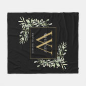 Moderne Gold Monogram Greenery Floral Black Fleecedecke (Vorderseite (Horizontal))