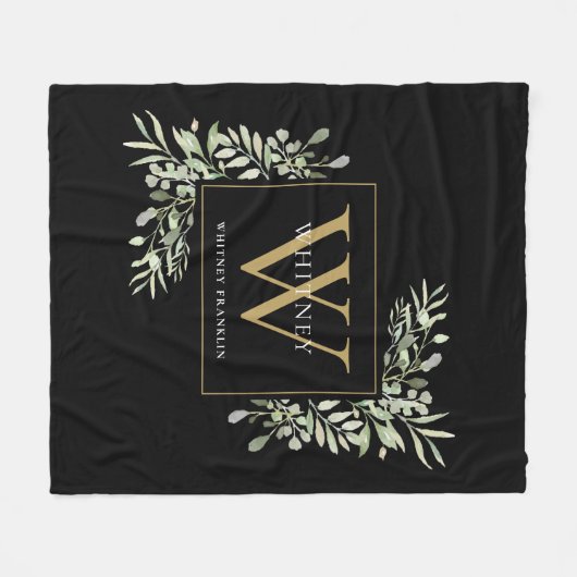 Moderne Gold Monogram Greenery Floral Black Fleecedecke (Vorderseite (Horizontal))
