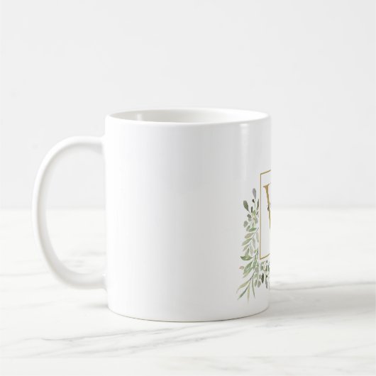 Moderne Gold Monogram Greenery Floral Kaffeetasse (Links)