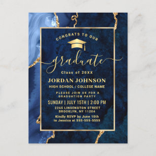 Moderne Gold Navy Blue Graduation Party Einladung Postkarte