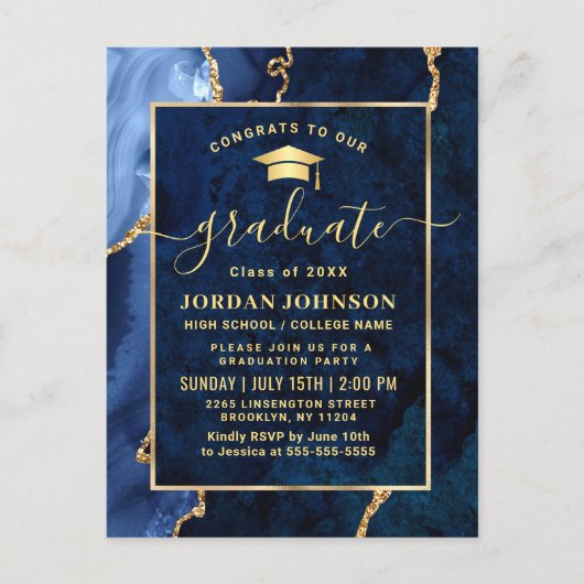 Moderne Gold Navy Blue Graduation Party Einladung Postkarte (Vorderseite)