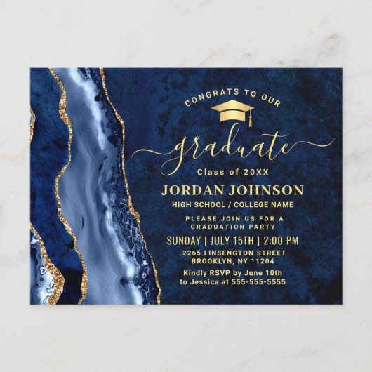 Moderne Gold Navy Blue Graduation Party Einladung Postkarte (Vorderseite)