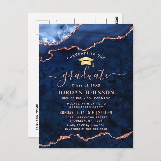Moderne Gold Navy Blue Graduation Party Einladung Postkarte (Vorne/Hinten)