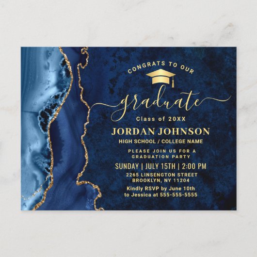 Moderne Gold Navy Blue Graduation Party Einladung Postkarte (Vorderseite)