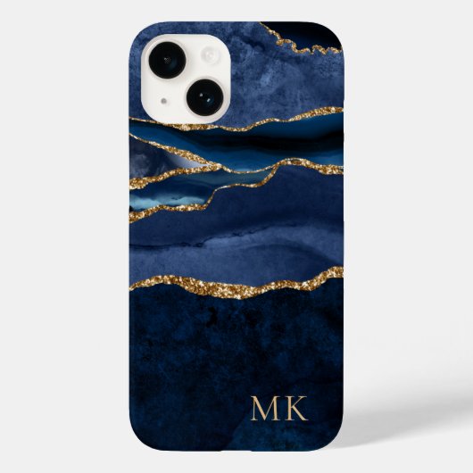 Moderne Gold & Navy Marble Agate Monogram Case Mat (Rückseite)