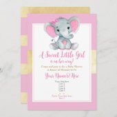 Moderne Gold Pink Baby Girl Elefant Einladung (Vorne/Hinten)