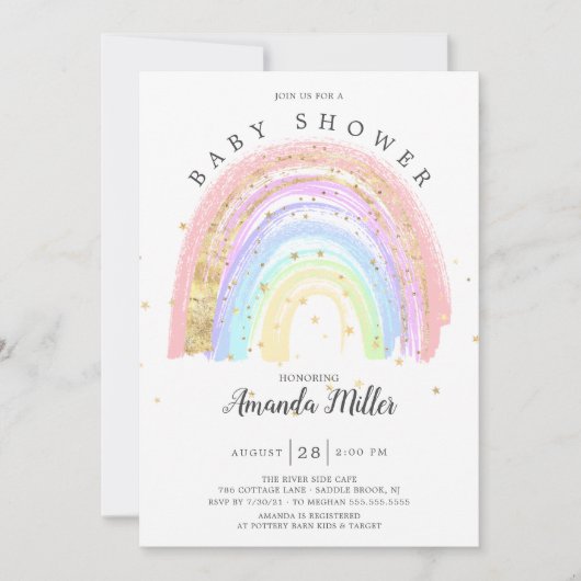 Moderne Gold Pink Rainbow Baby Dusche Einladung (Vorderseite)