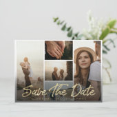 Moderne Gold Pinselschrift Typografie mit Bildern Save The Date (Stehend Vorderseite)